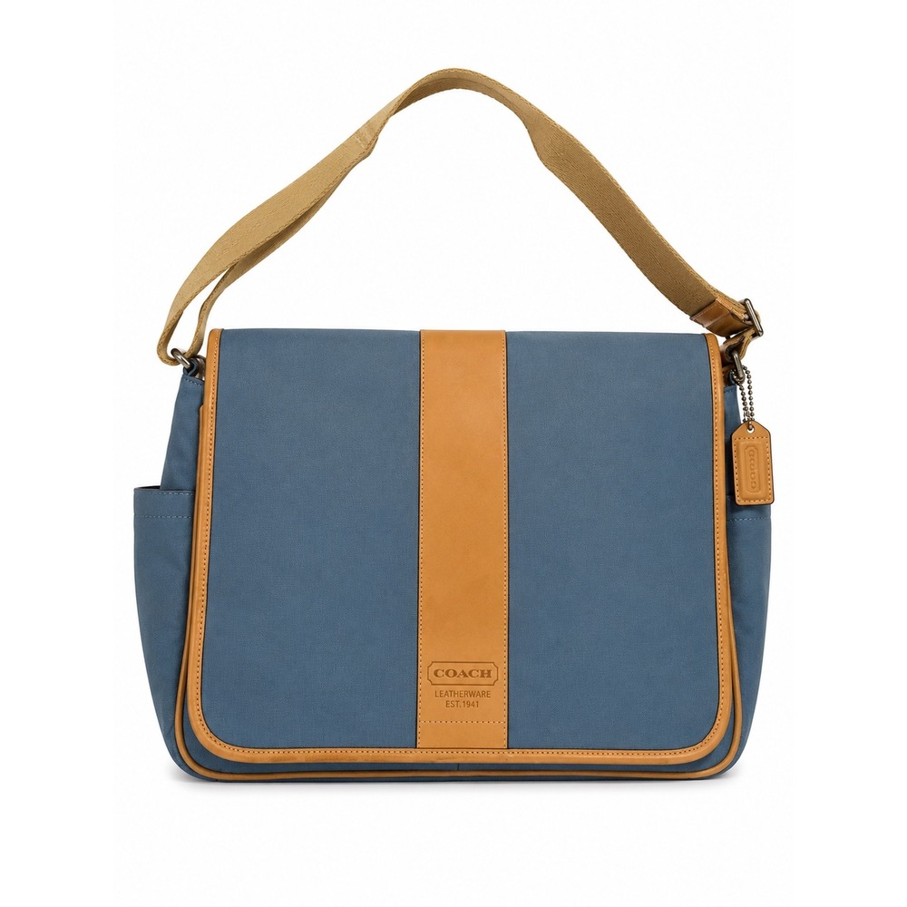 Coach Leatherware Est 1941 Blue Canvas Messenger Crossbody Bag Tan Trim